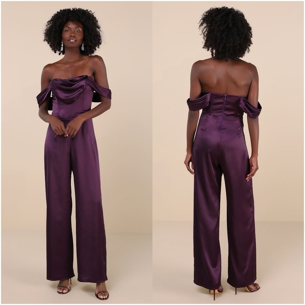 LULU’S Unbelievable Aura Dark Purple Satin Off The Shoulder Jumpsuit